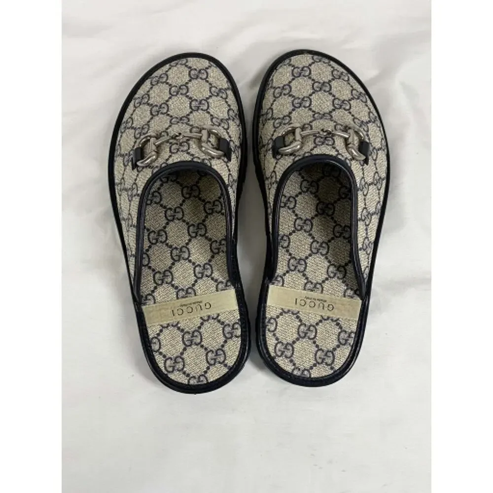 GUCCI Mule Slippers GG Navy Monogram & Silver tone Horsebit Size 5 SPB JA-368398
